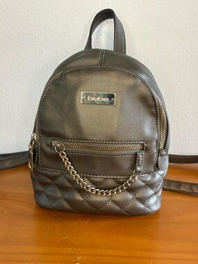 bebe Gray Quilted Backpack Chain Accent Zip Closure Inner Pocket Women